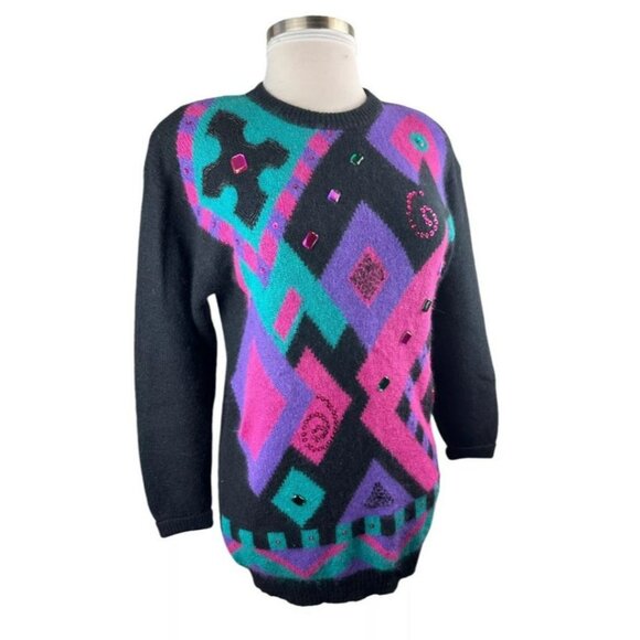 Vintage 1992 IB Diffusion Artsy Embellished Jeweled Geometric Sweater Medium - Picture 1 of 6